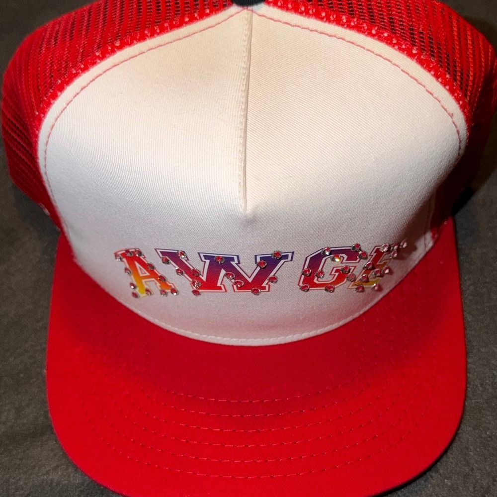 AWGE Rhinestone Logo Trucker Hat Mens Red White Mesh Snapback Cap Streetwear